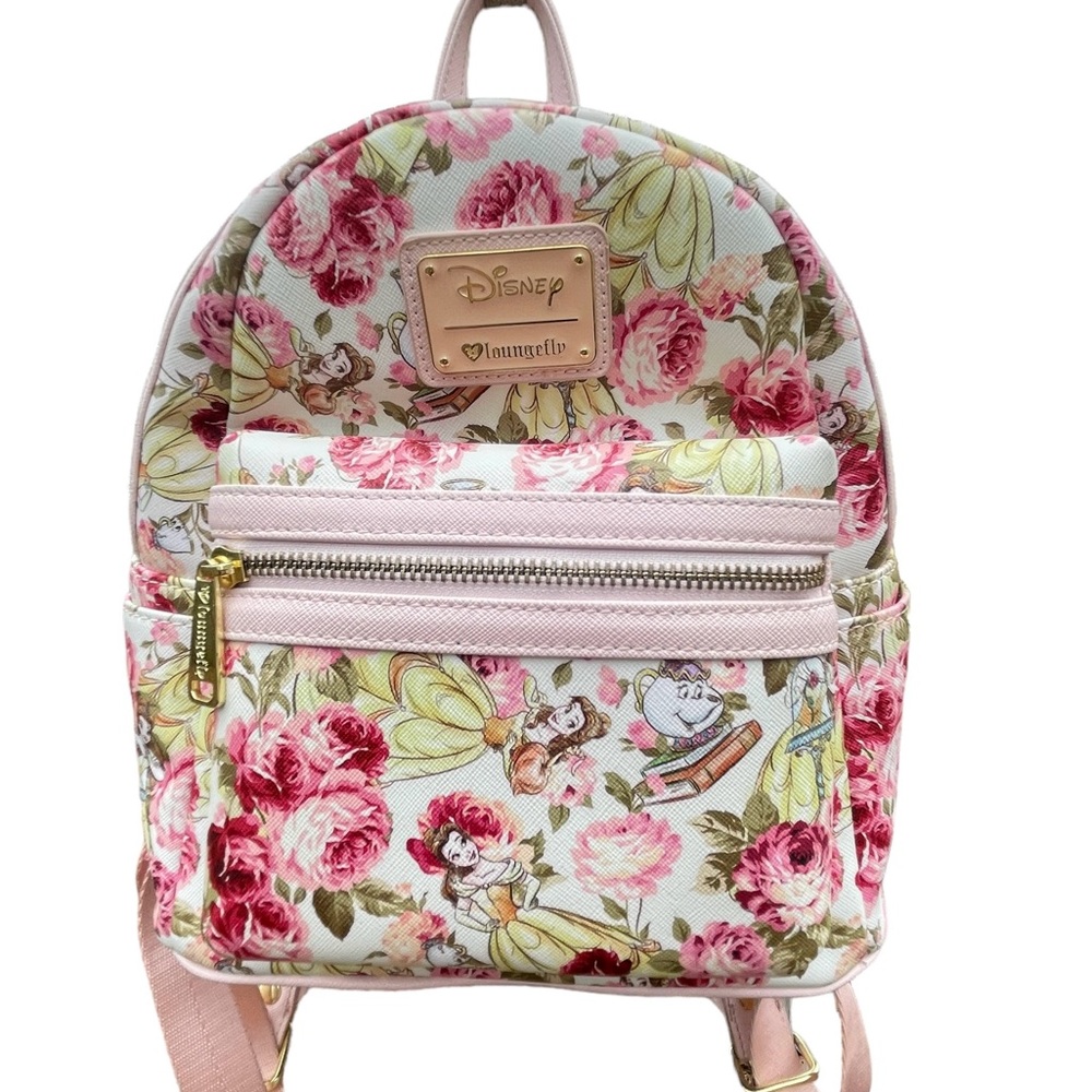 Loungefly Belle Beauty and the Beast Floral Print Mini Faux Leather Backpack